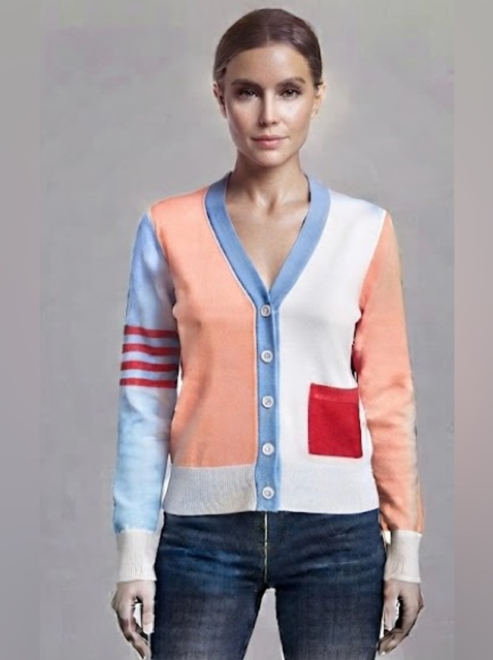 Bolide l Colorblock V-Neck Cardigan Sweater Peach Sky Blue Pink White Minimalist